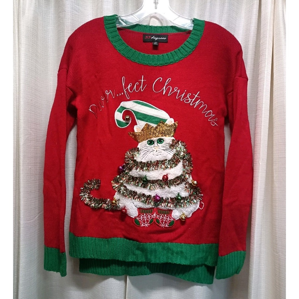 33 Degrees Cat Christmas Sweater Women's XS Red Garland Ornaments & Sequins Ugly
